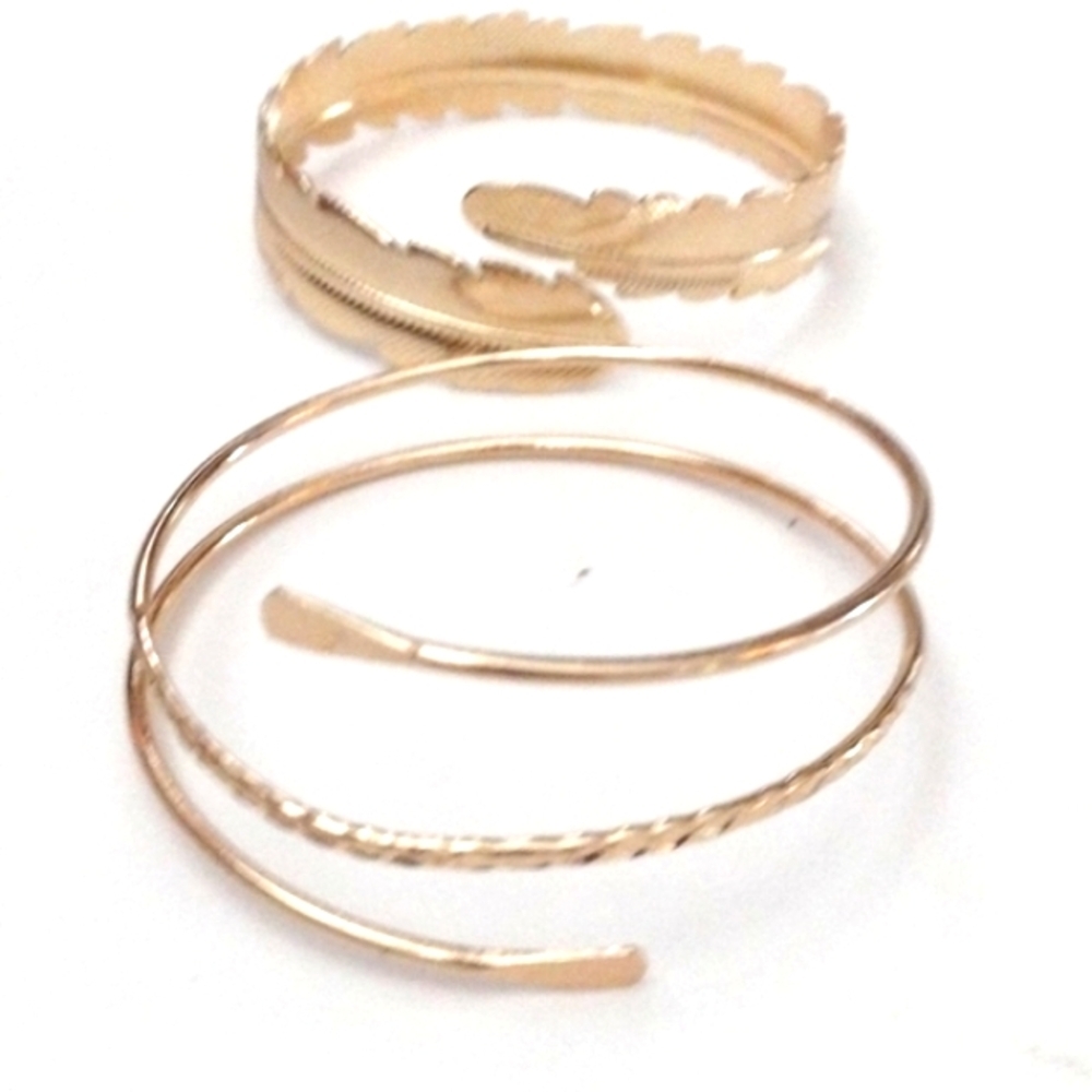 COILED AND LEAF ACCENTED GOLD-TONE SET OF ADJUSTABLE ARMLETS OR ARM RINGS